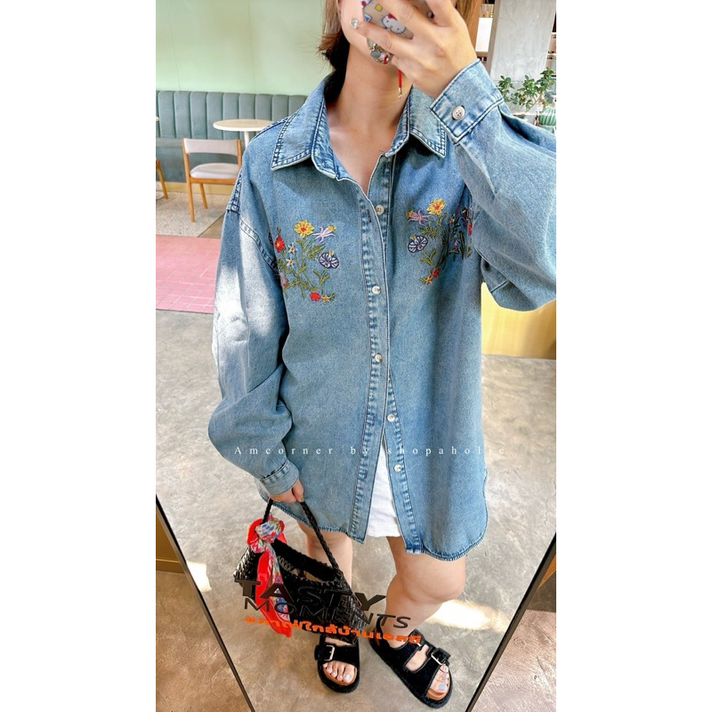 ✅พร้อมส่ง✅ เสื้อเชิ้ต ยีนส์ฟอก งานปัก oversize Amcorner