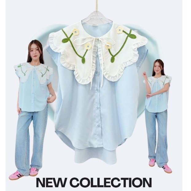 Daisyเสื้อแขนกุดทรงover size แต่งปกระบายดีเทลตัวนี้ตืดอะไหล่ดอก เเมทช์กับกระโปรงยาวน่าร้าก หรือยีนส์ก็น่ารัก 2524