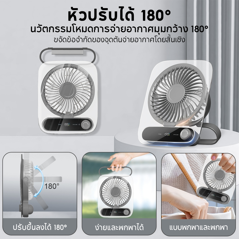 SANSONIC พัดลมตั้งโต๊ะ พัดลมไร้สาย 199 ระดับ พัดลมพกพา Type-C 3000mAh จอ LED เสียงต่ำ ปรับมุม 180° แขวนได้ พับได้