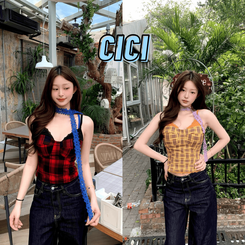 ส่งทันที Cici(NO. J2069) เสื้อสายเดี่ยวลายทาง  สม็อคหลัง มีฟองน้ำ ดีเทลเย็ยสาย 2 เลเยอร์ สไตล์วินเทจ แถมสายคล้องคอ