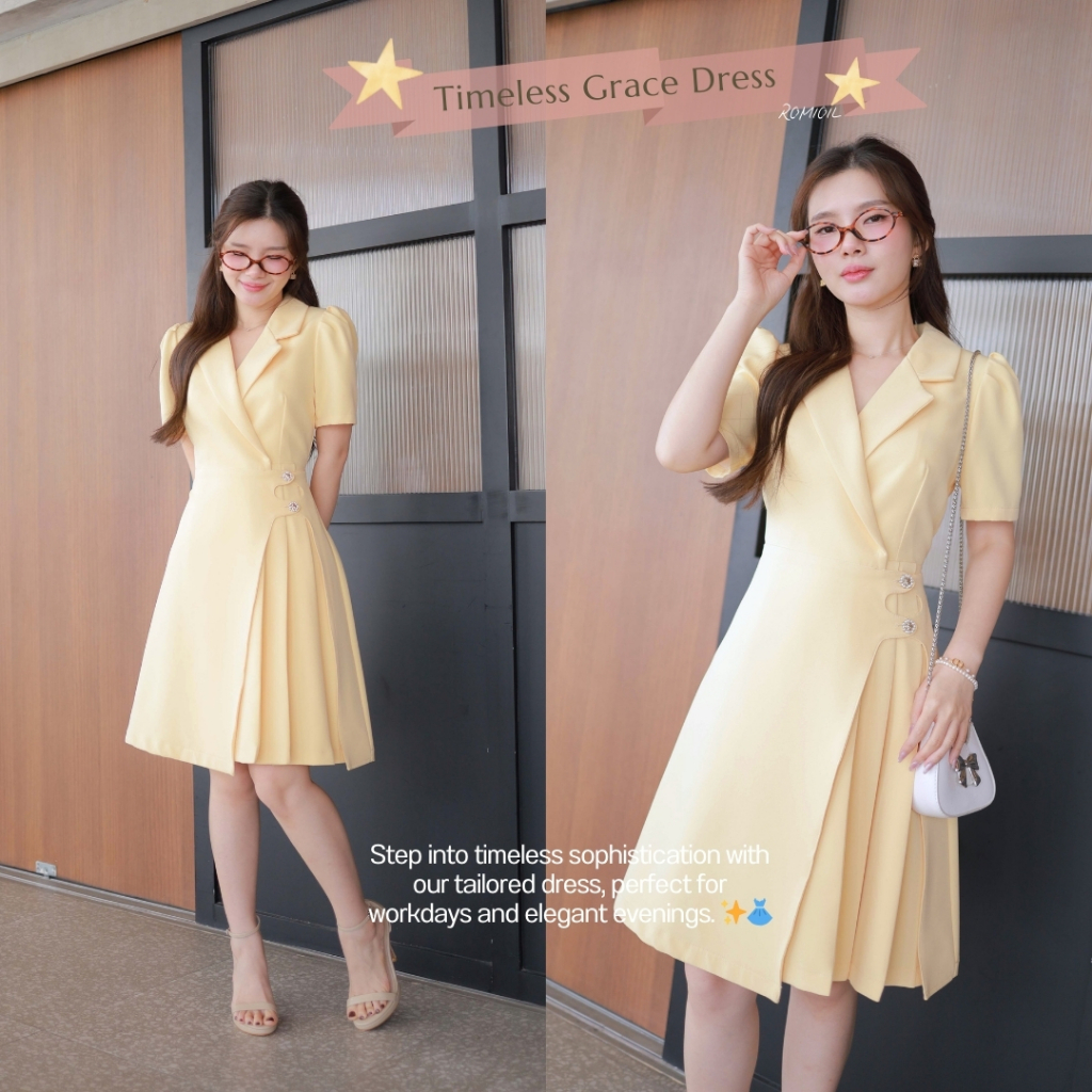 Romi"Oil" Timeless Grace Dress (Yellow)  J521 ชุดเดรสสีเหลือง (ติดกระดุมดอกไม้ด้านหน้า)