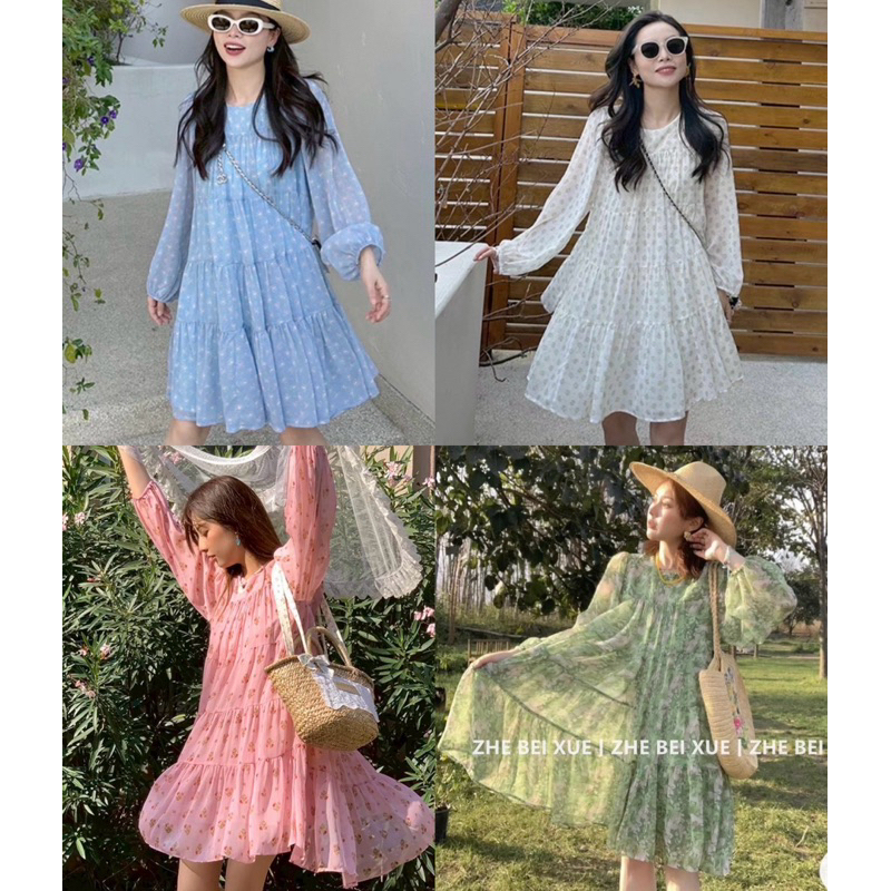 sirinstudio  เดรสวิคกี้ดีเทลผ้าชีฟองพิมพ์ลายสวย งานผ้านิ่มพริ้วสวยA04