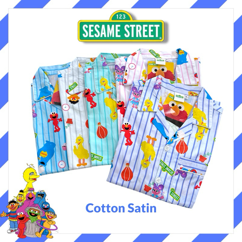 ชุดนอน ผ้าคอตตอนซาติน Sesame Street เซซามี่  รอบอก42" ลิขสิทธิ์แท้ Coolplanet ผ้านุ่มใส่สบาย โนบราได
