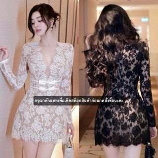 🪐งานป้าย Rattana🪐 เดรสออกงาน เดรสสั้นคอวีแขนยาวอกแต่งโบว์ ผ้…