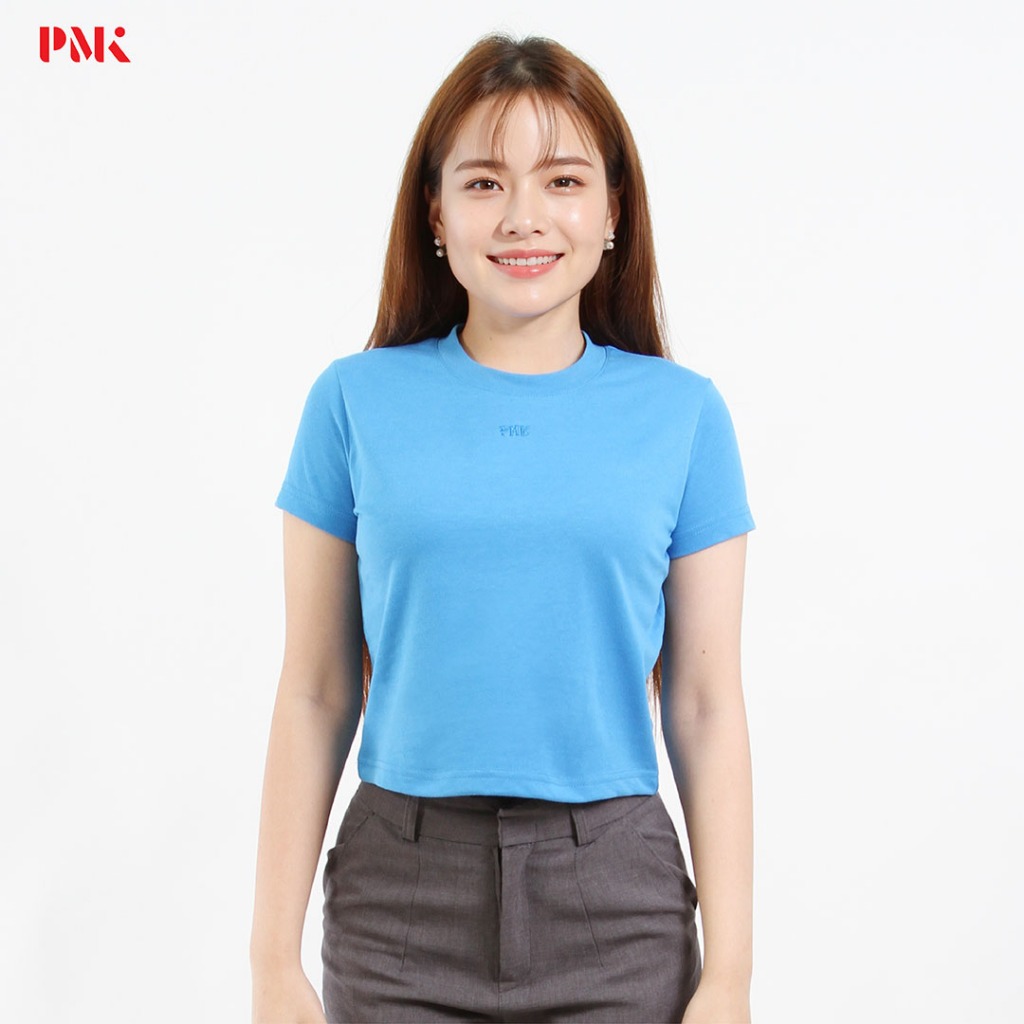 PMK - เสื้อ Crop Cool Ease สีฟ้า เสื้อยืด เอวลอย