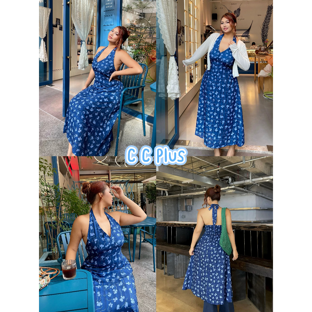 CiCi Plus+(3375) เดรสคล้องคอพิมพ์ลายดอก มีซิบหลัง มีซับใน สไตล์สาวพลัสไซส์