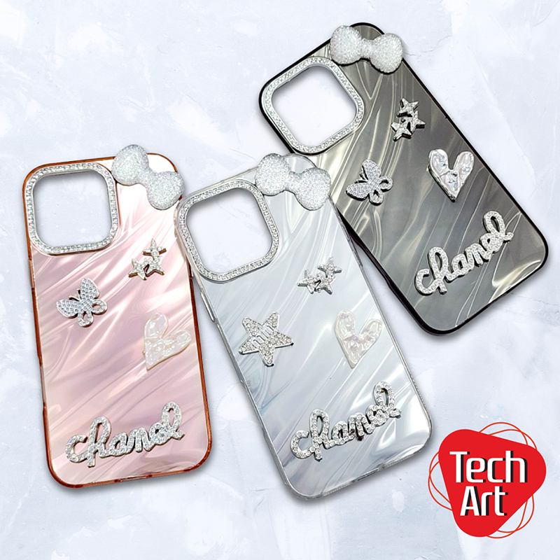 เคสหลังสีเงารุ้งip 15 15+ 15Promax 16 16Pro 16+ 16Promax IP16E/SE4 ติดอะไหล่โบว์ ผีเสื้อ หัวใจ