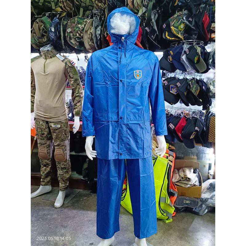 ชุดกันฝนเสื้อและกางเกง มีฮูด ซิปและกระดุม ผ้า PVC