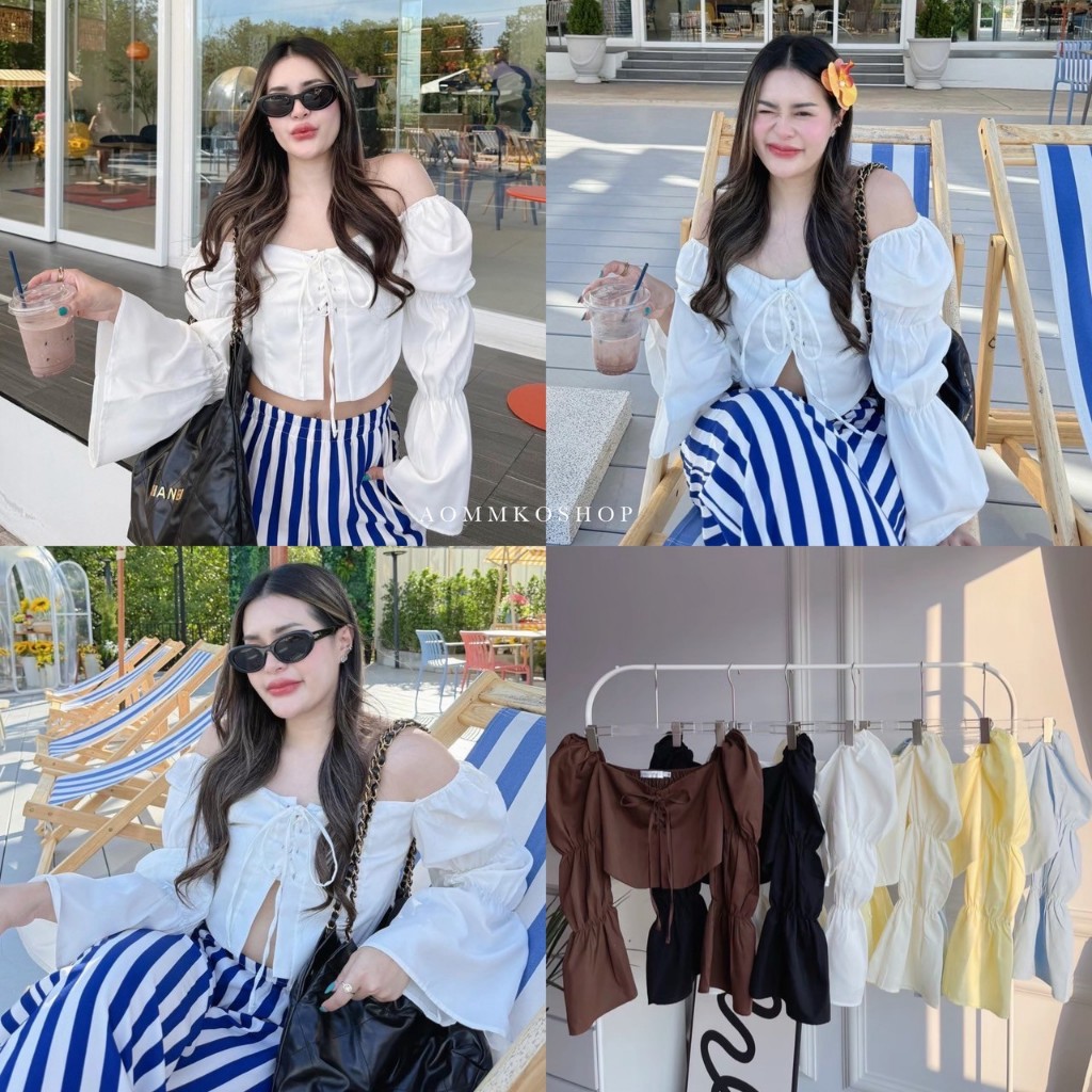 Bowna top เสื้อปาดไหล่ผูกหน้าแขนยาว (ผ้า Cotton shirt) **เชือกต้องไปผูกเองนะคะ มีคลิปผูกในตะกร้าค่า** ดีเทลจั๊มแขน สม๊อค