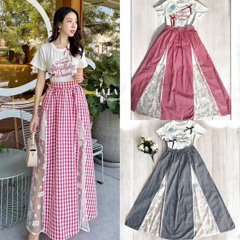 ชุดเซตกระโปรง เสื้อยืด+กระโปรงยาว ซิปหลัง ลายสก็อต สีแดง แต่งมุกที่คอ งานป้าย thanyacha ราคา ถูกที่สุด ดีลบีเคเค
