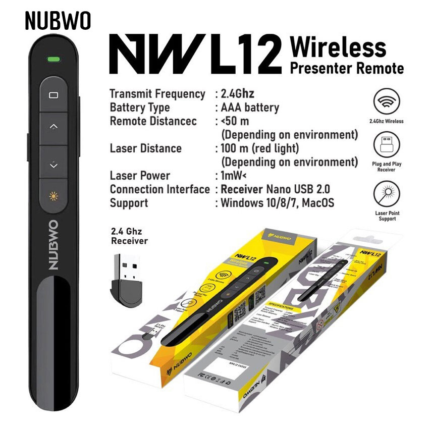 NUBWO NWL012 Laser Pointer (รีโมทพ้อยเตอร์) 2.4 GHz เชื่อมไกล 100 m.