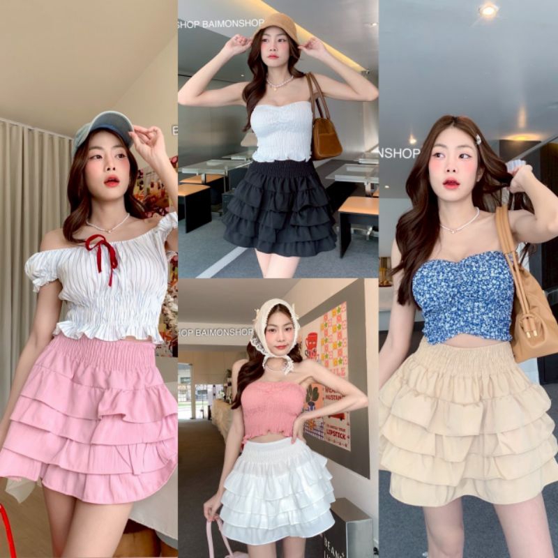 MahahengCloset กระโปรงระบายซ้อน 4 ชั้น ผ้าครัช เอวสม็อคขอบใหญ่ แต่งระบายเป็นชั้นๆ งานน่ารักมาก (ไม่มีซับใน)
