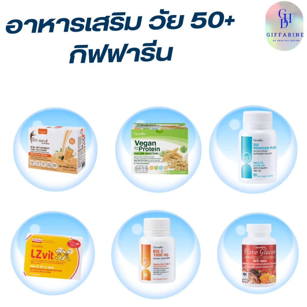 อาหารเสริม สำหรับวัย 50+ กิฟฟารีน ชุด 1 กล้ามเนื้ออ่อนแรง เหนื่อยง่าย สายตาพร่ามัว ภูมิคุ้มกันลดลง ตะคริว