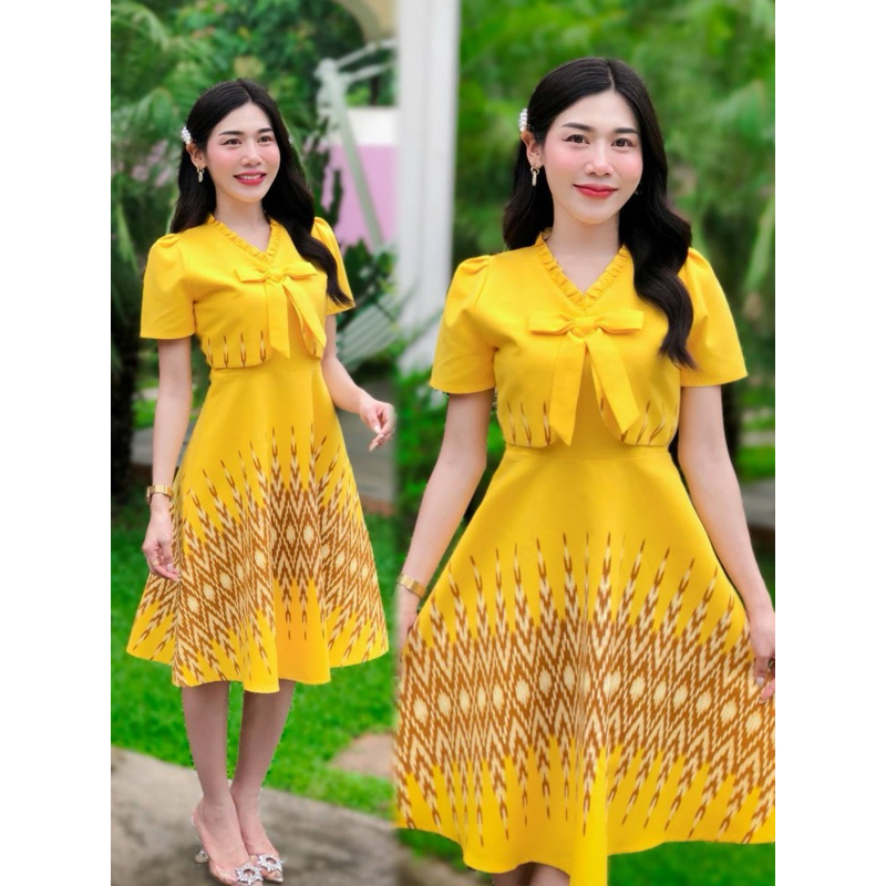 [S-XXL] CMP ชุดเดรส ผ้าฝ้ายพิมพ์ลาย สีเหลือง กระโปรงย้วย แต่งกั๊กคอระบาย