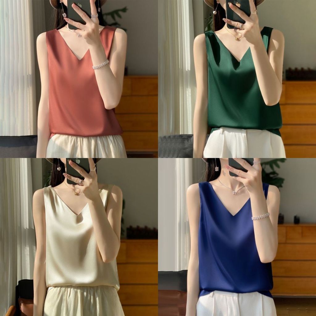 เสื้อคอวี กล้ามซาติน ผ้าเครปซาติน M-XL เรียบหรู กล้ามคอวี