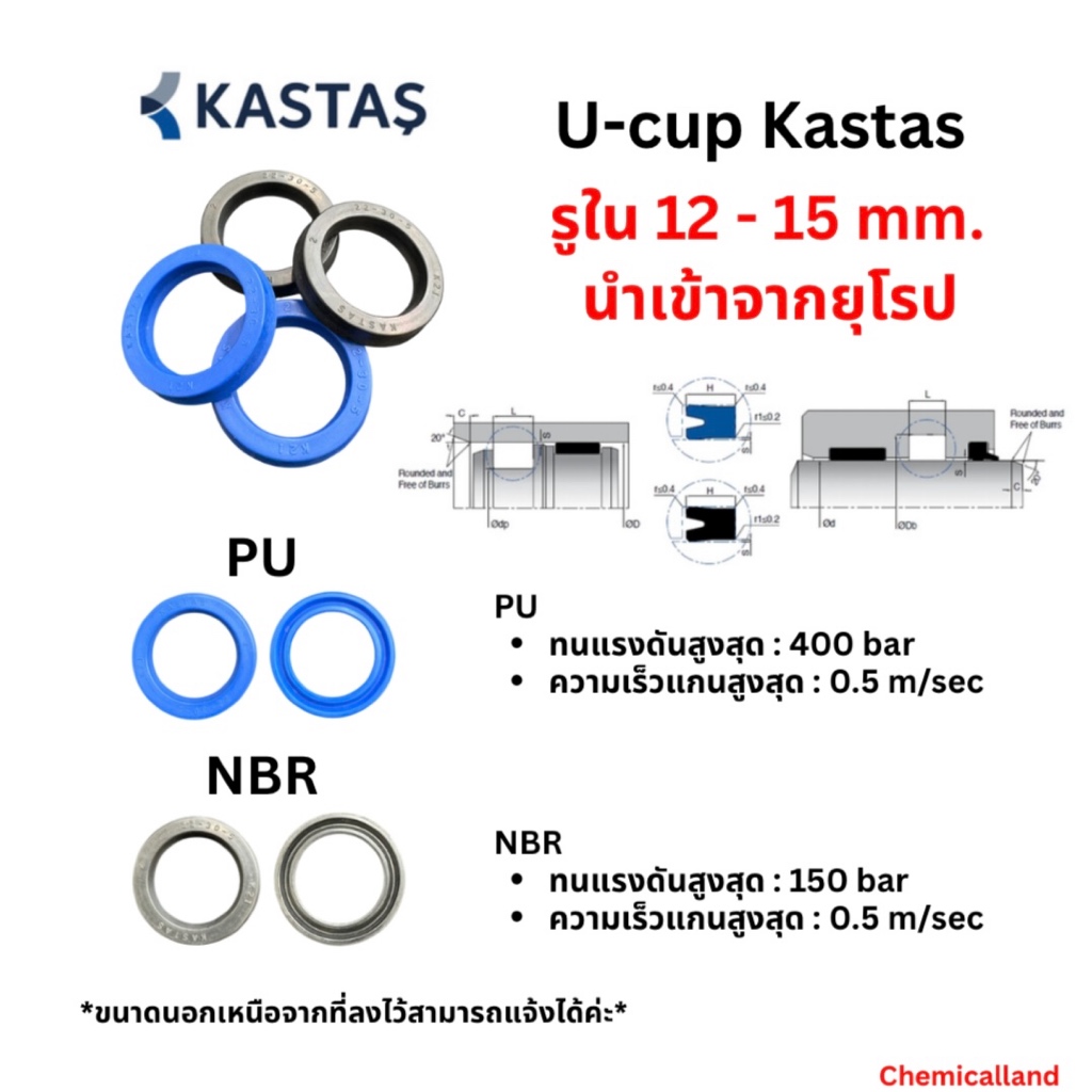 ซีลยูคัพ Kastas U-cup seal โตใน 12-15 mm. เนื้อ PU/NBR ซีลไฮดรอลิค