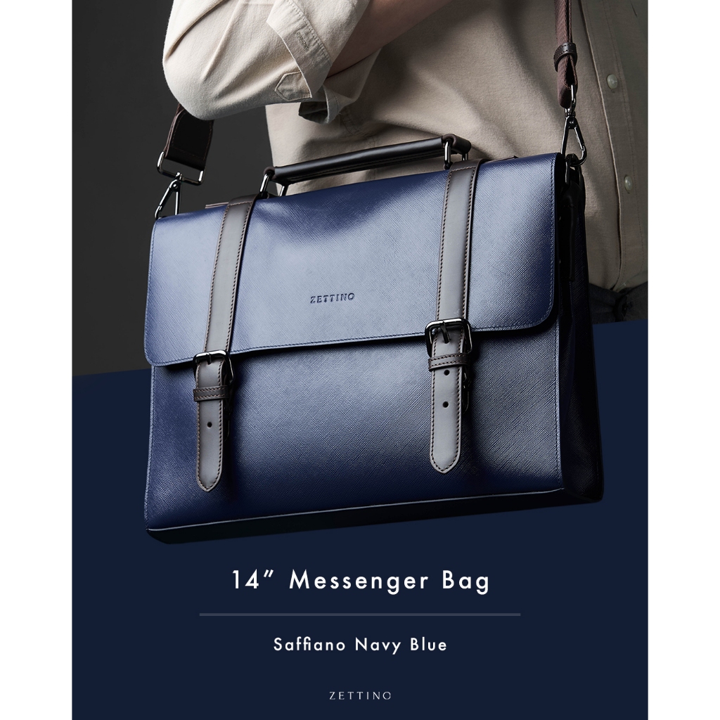 ZETTINO กระเป๋าหนังแท้ 14" Messenger Saffiano Bag