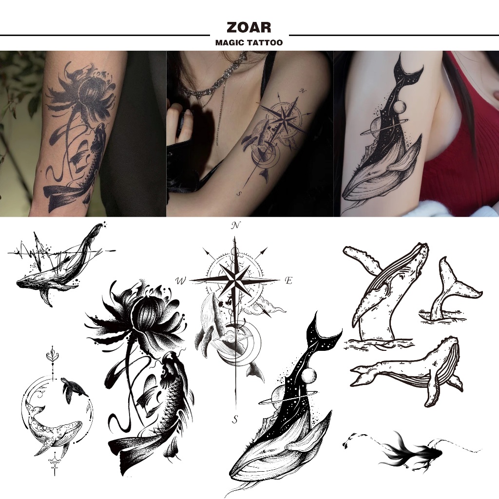 ZOAR แทททูกันน้ำ B15 Magic tattoo สติ๊กเกอร์รอยสักปลาวาฬ สติ๊กเกอร์รอยสักสมุนไพร  กันน้ำ กันรอย