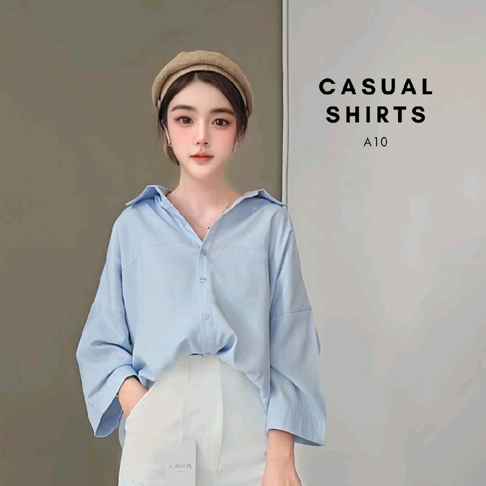 เสื้อเชิ้ตสไตล์เกาหลี A10 ดีเทลแขน3ส่วน หน้าสั้นหลังยาว Women's Button Down Silk Shirts 3/4 Sleeve Casual Blouse
