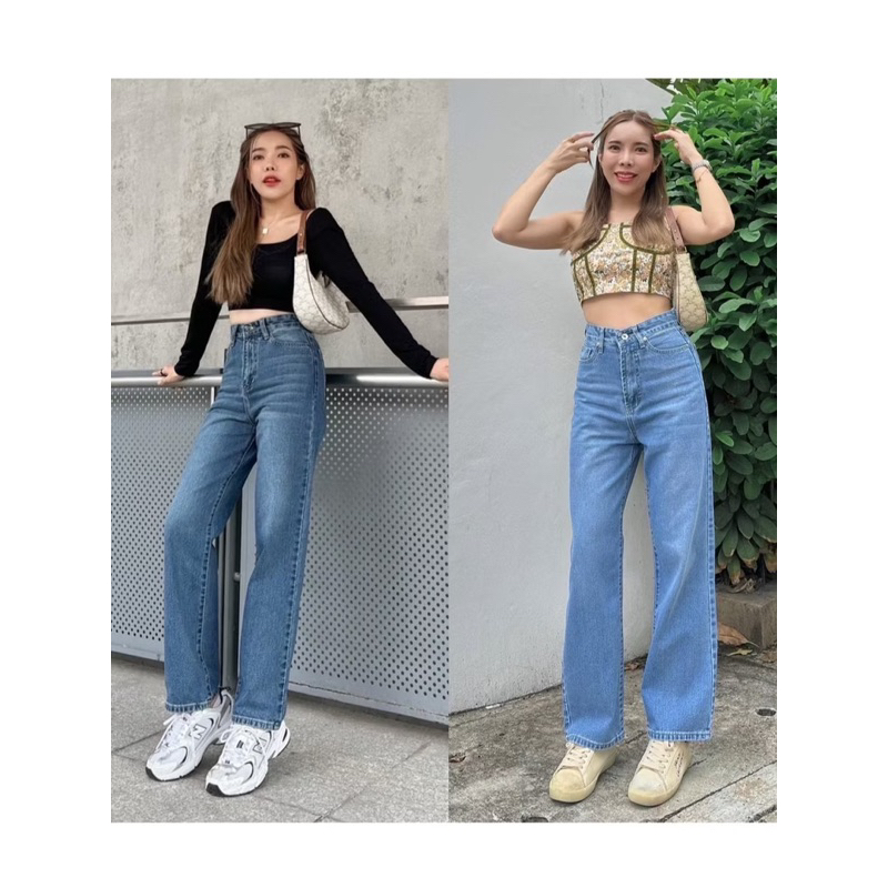 กางเกงยีนส์ทรงกระบอกกลาง #SARAN JEANS SR036 สีเข้ม