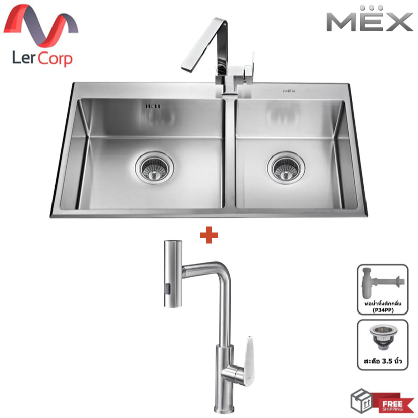 (MEX)อ่างล้างจาน 2 หลุม ทรงสี่เหลี่ยมมุมมน ขนาด 87 ซม. หนา 1.0 มม. รุ่น SC872 ฟรี ก๊อกน้ำ TFP03S
