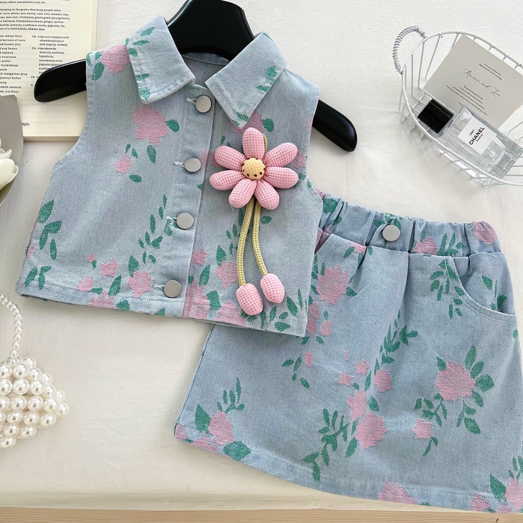 B419 ชุดยีนส์เซ็ตงาน2ชิ้น เสื้อ+กระโปรง