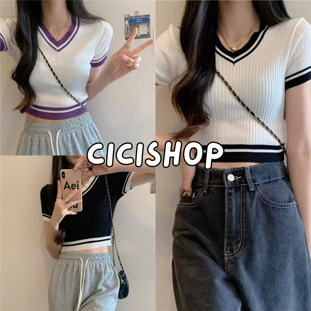 Cicishop (28056 )เสื้อครอปไหมพรมแขนสั้นคอวี ดีเทลสีตัดขอบ สวย ผ้าร่องใส่สบายน่ารักเกาหลี