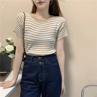 Cicishop (3488) เสื้อไหมพรมแขนสั้น ลายทางเล็ก คอกลม ดูดีทรงสวยเรียบร้อยสไตล์เกาหลี