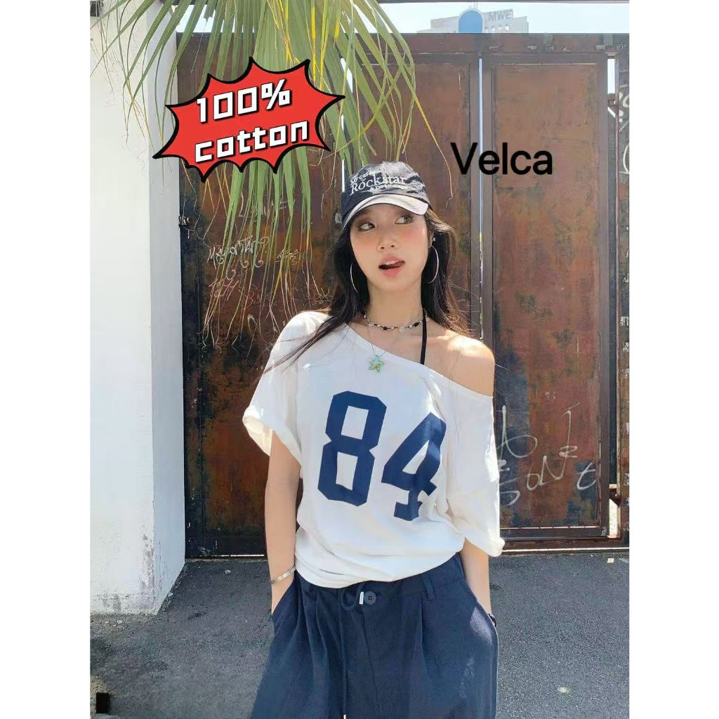 Velca 100%cotton เสื้อยืดผู้หญิง  เสื้อยืดวินเทจ🌸 เสื้อปาดไหล่  เสือใส่สบาย  ทรง