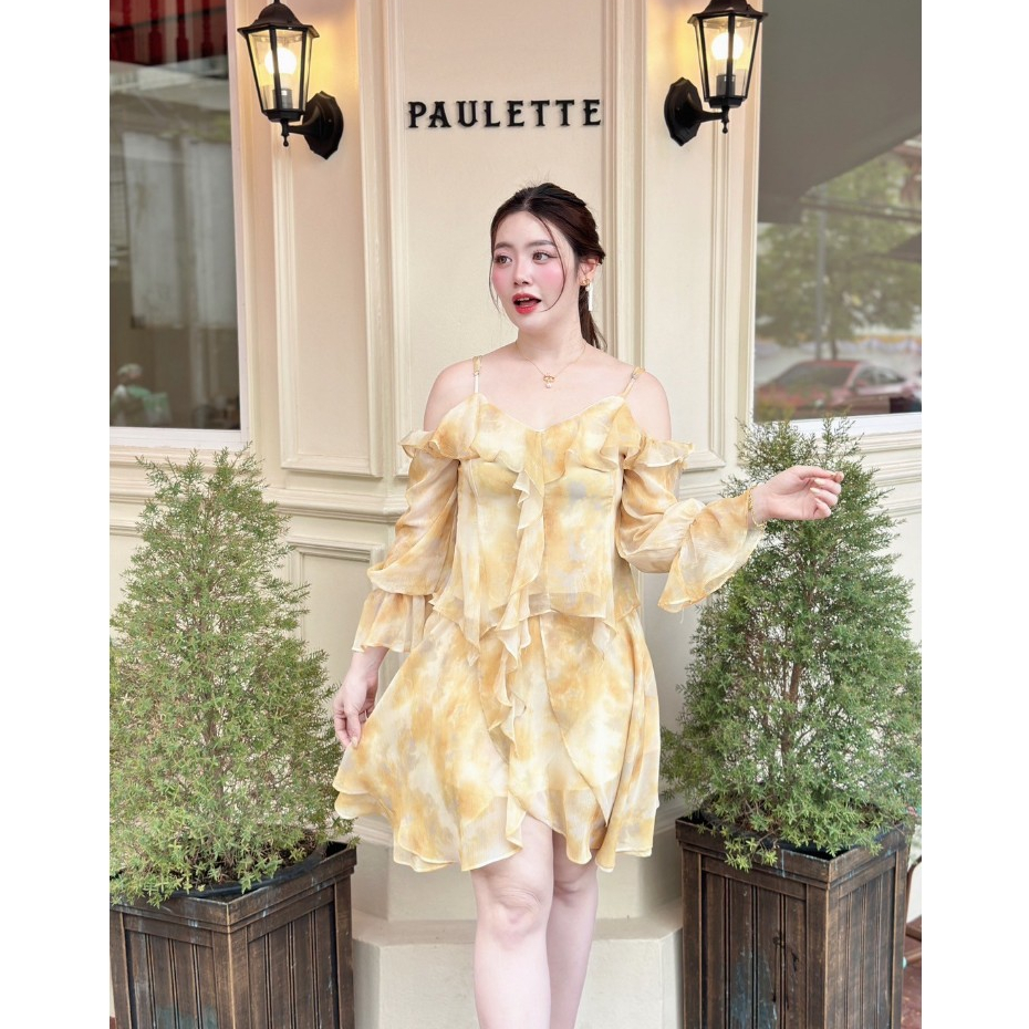 CA404 : Calorie Fashion  ใหม่! ชุดเซ็ท เสื้อ+กระโปรง งานชีฟองโทนสีเหลือง เปิดไหล่แต่งระบาย สุดน่ารัก