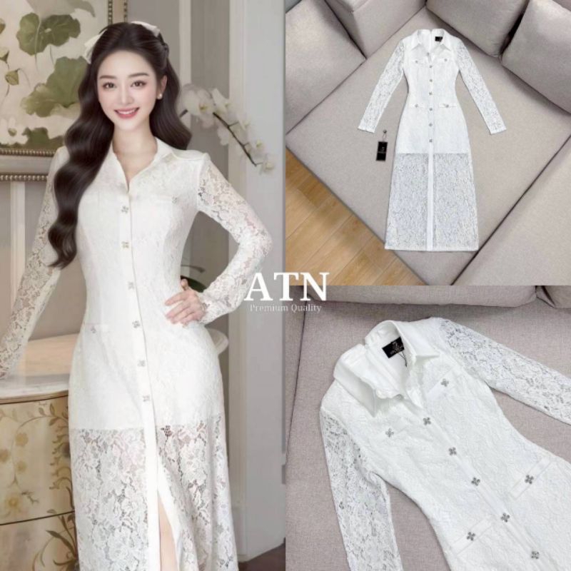 ATN เดรสสีขาวออฟไวท์ ผ้าลูกไม้เกรดพรีเมี่ยม แขนยาวคอปก แต่งกระดุมเพชรวิบวับ