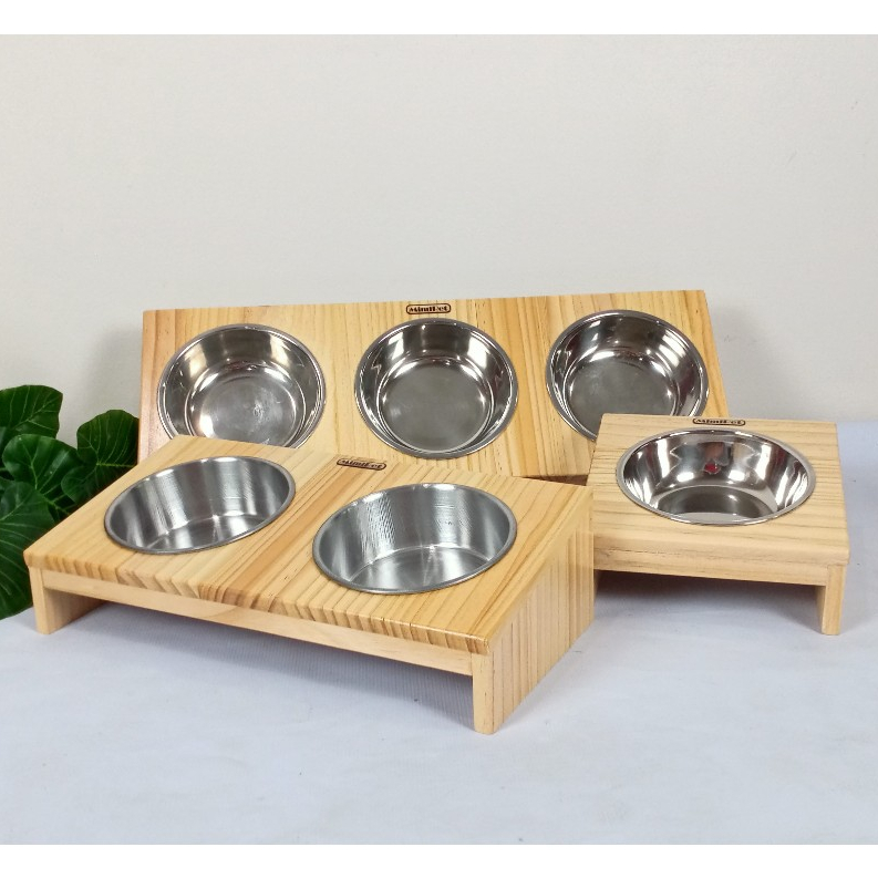 ชามอาหารสัตว์เลี้ยง เหมาะสำหรับสุนัขและแมว สไตล์มินิมอล สินค้าพร้อมส่งจากไทยจ้าา (สแตนเลสฐานไม้)