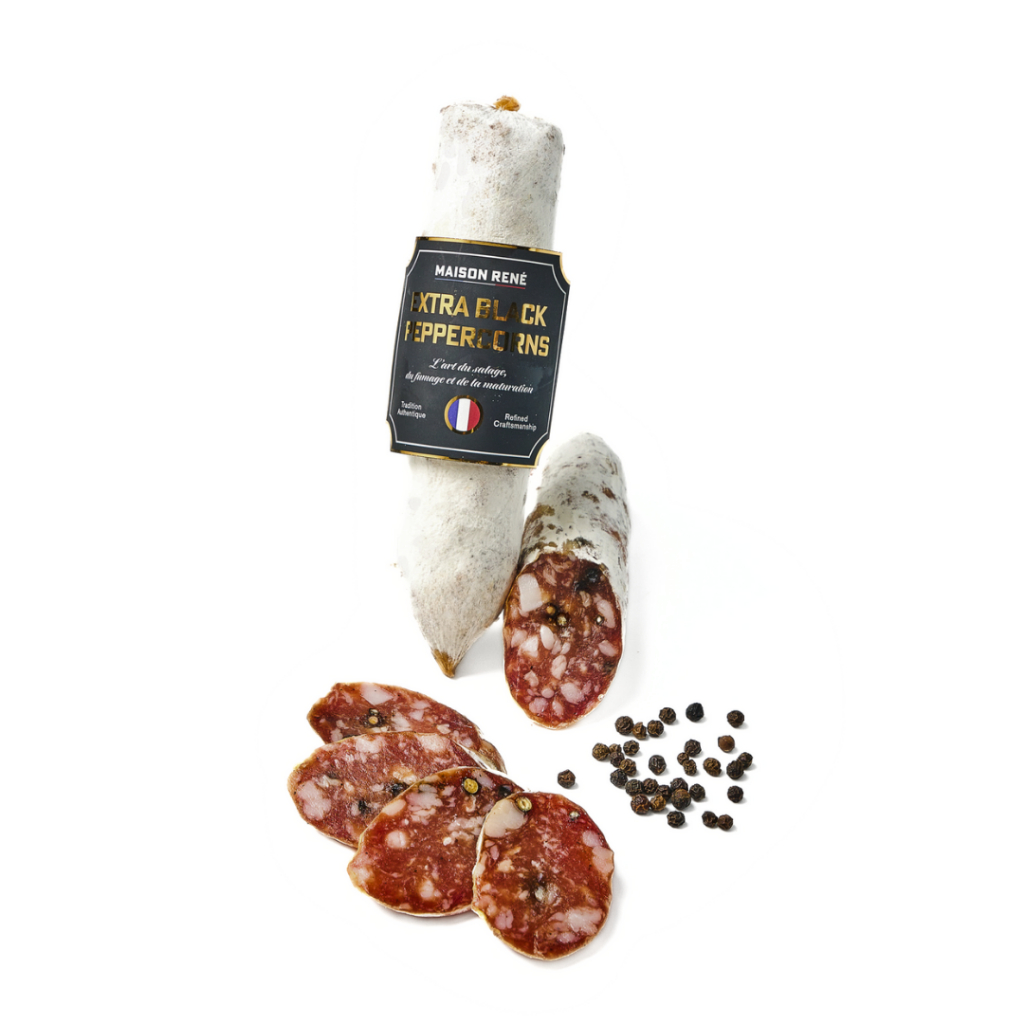Extra black peppercorns Saucisson Sec Pork 120g Salami Cold cut Made in Thailand ไส้กรอกหมูเม็ดพริกไ