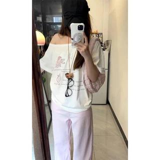 เสื้อยืดโอเวอร์ไซส์เกาหลีน่ารักๆ สีขาว เสื้อปาดไหล่สาวอวบใส่ได้ เสื้อยืดสวยๆผู้หญิงที่กําลังฮิต สตรีทกําลังฮิตปิดไหล่XXL