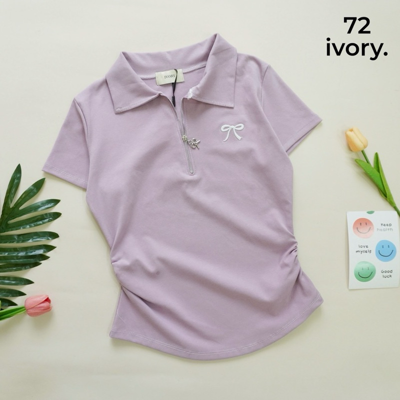 VV105-VV909 VV206-ป้ายIVORYเสื้อยืดผ้ายูนิโคล่ คอปก แต่งปักโบว์ข้าง แขนสั้นหยุมข้าง - รูปที่ 6
