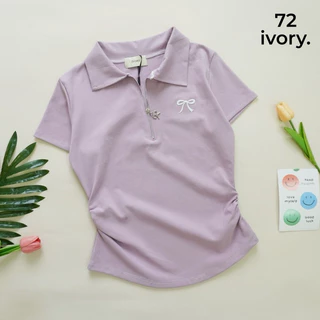 VV105-VV909 VV206-ป้ายIVORYเสื้อยืดผ้ายูนิโคล่ คอปก แต่งปักโบว์ข้าง แขนสั้นหยุมข้าง