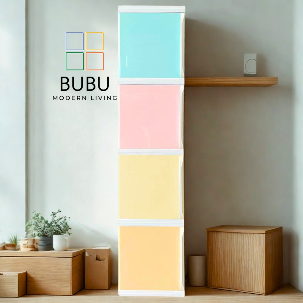 ตู้พลาสติก 4 ชั้น Tower Box บานเปิด ฝาสวิง มือจับข้าง สีPastel | ตู้เก็บของ ตู้เสื้อผ้าเด็ก ตู้ของเล่น