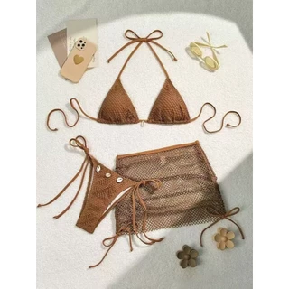ชุดว่ายน้ำ bikini ชุดบิกินี่ 3 ชิ้น sexy ผูกคอ ตกแต่งด้วยเปลือกหอย ไปเที่ยวทะเล มีฟองน้ำ#0858