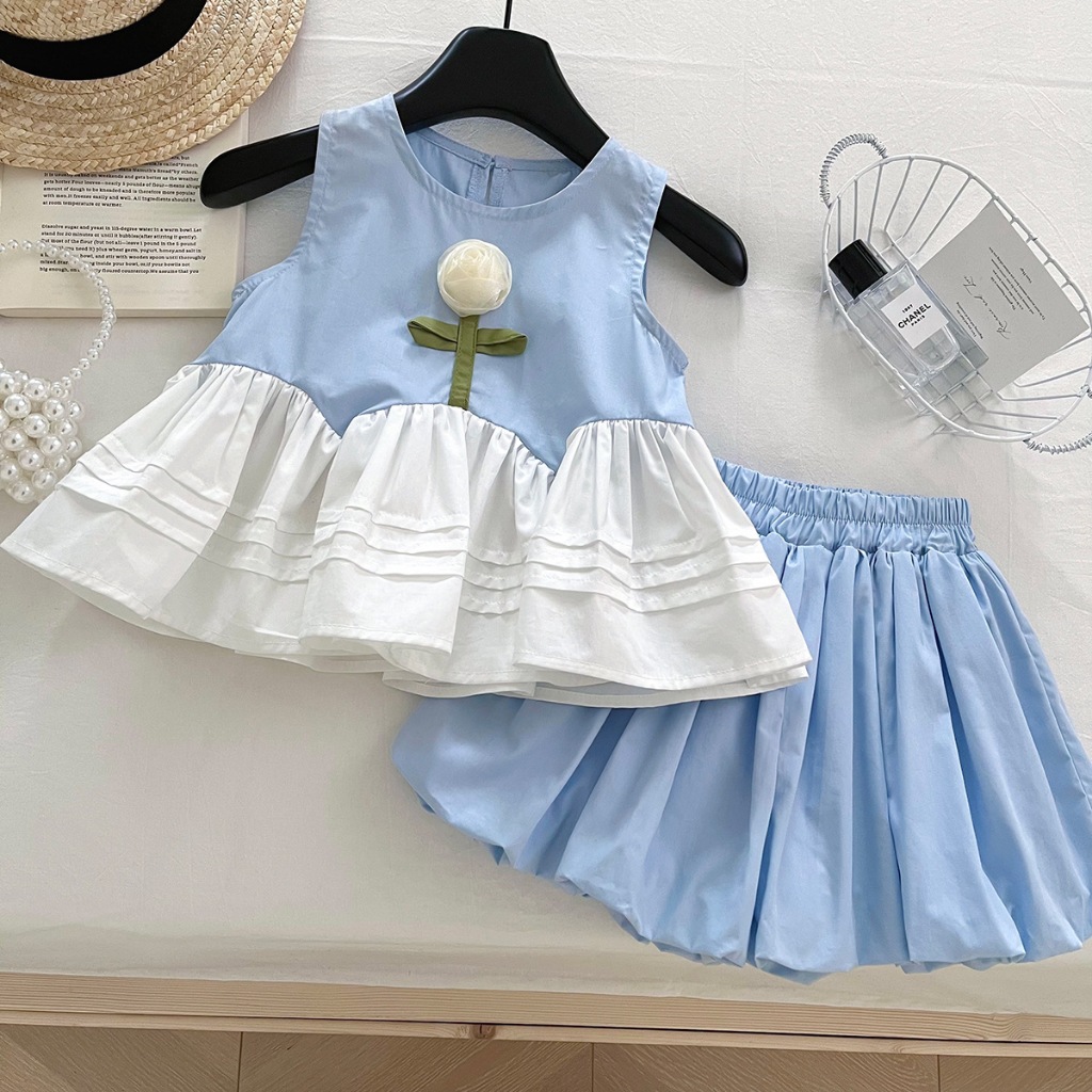 B410 ชุดเด็กงานเซ็ทเสื้อปักดอกไม้+กางเกงบอลลูล+กระเป๋าสะพายข้าง พร้อมส่ง