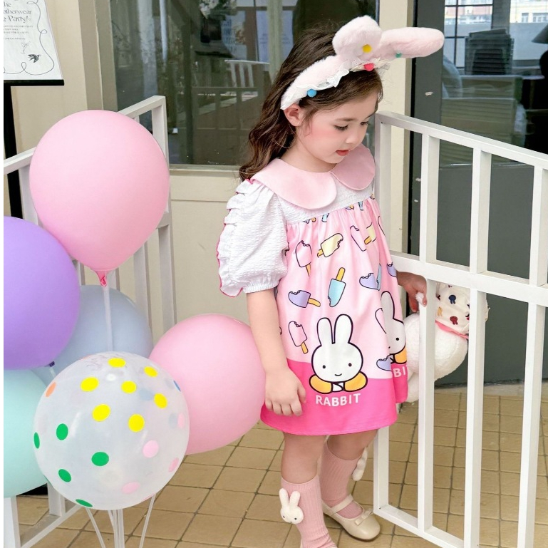 ✅พร้อมส่ง  👧🏻ชุดเดรสลูกสาว Rabbit คอบัวแขนตุ๊กตาแต่งระบาย น่ารักที่สุดค่าแม่
