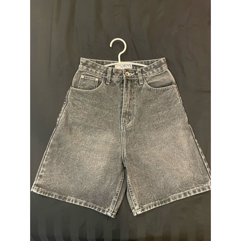 sarun กางเกงยีนส์ สีดำฟอก