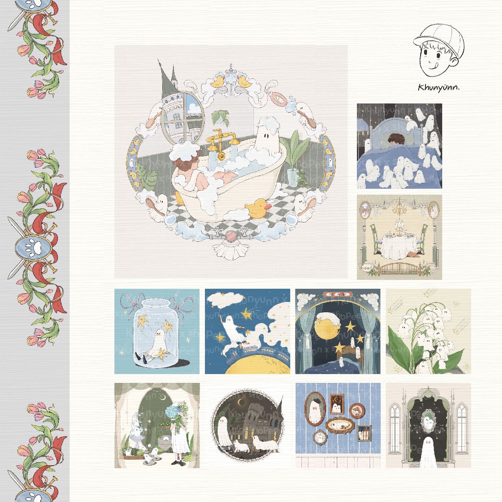 (มีลายใหม่) Square Postcard Ghost goods the series collection โปสการ์ดลายสุดน่ารัก - khunyunn