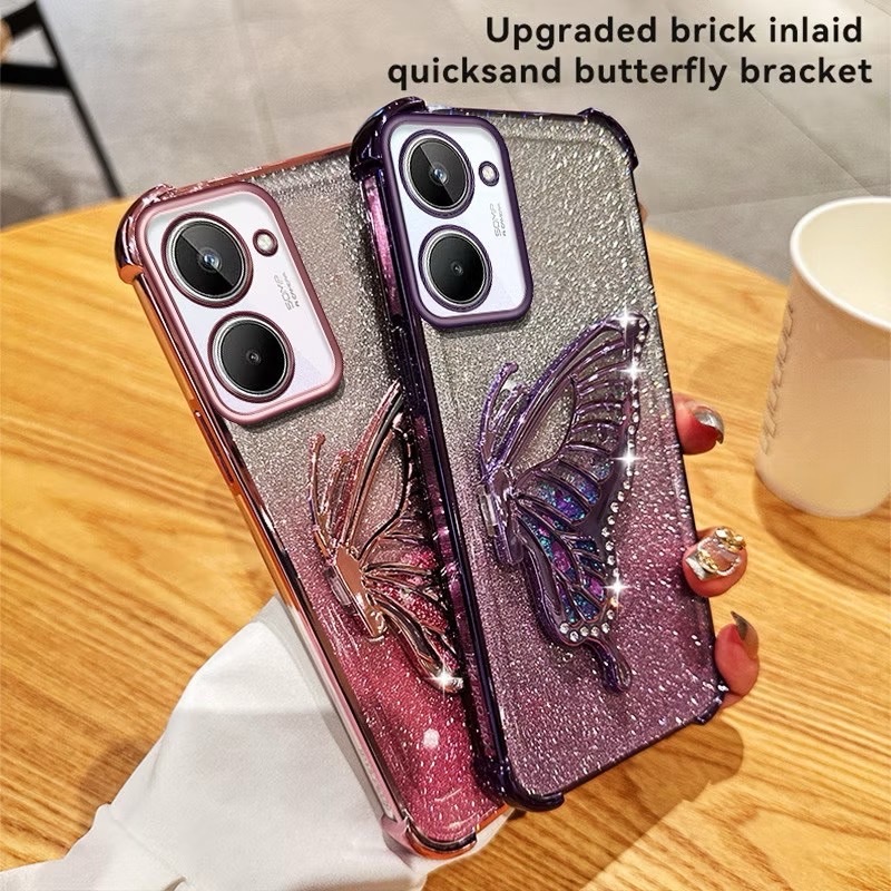 เคสโทรศัพท์ กริตเตอร์ หรูหรา สำหรับรุ่น Vivo Y21 Y21S Y21A Y33T Y33S T1X  กันมุม ป้องกันกล้อง ผีเสื้อ น่ารัก ตั้งได้
