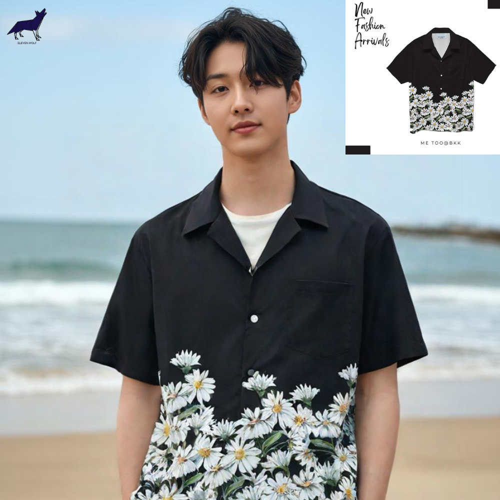 11.WOLF Hawaii Shirt  เสื้อเชิ๊ตแขนสั้นต่อลายดำดอกขาว / H55