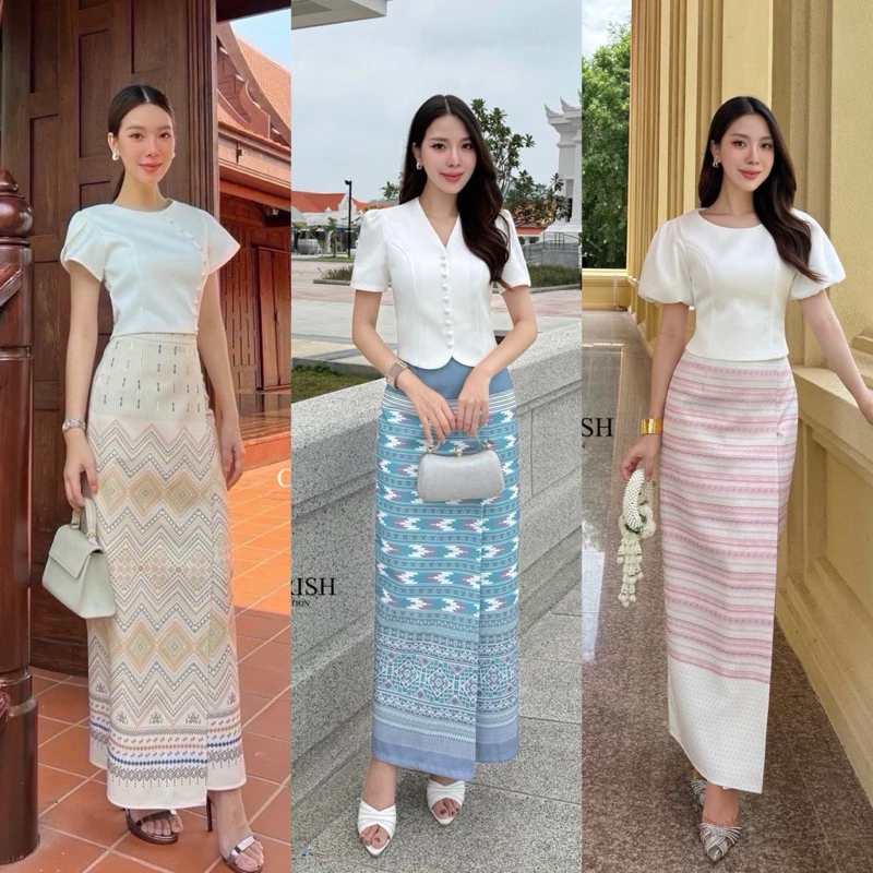 📌📌พร้อมส่ง ครบไซส์ XS S M L XL 🏷️CHERISH เซ็ท 3 ชิ้ิ้น(📍มีเข็มขัดมุก) ชุดงานบุญ ชุดไทย ผ้าไทย ทำบุญ ตักบาตร เรียบร้อย