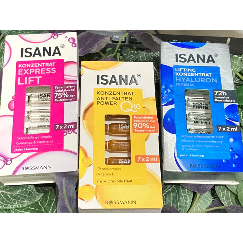 ISANA Q10(เหลือง Isana Hyaluron Booster กล่องฟ้า 💙 ISANA Express Lift Konzentrat กล่องชมพู 💗