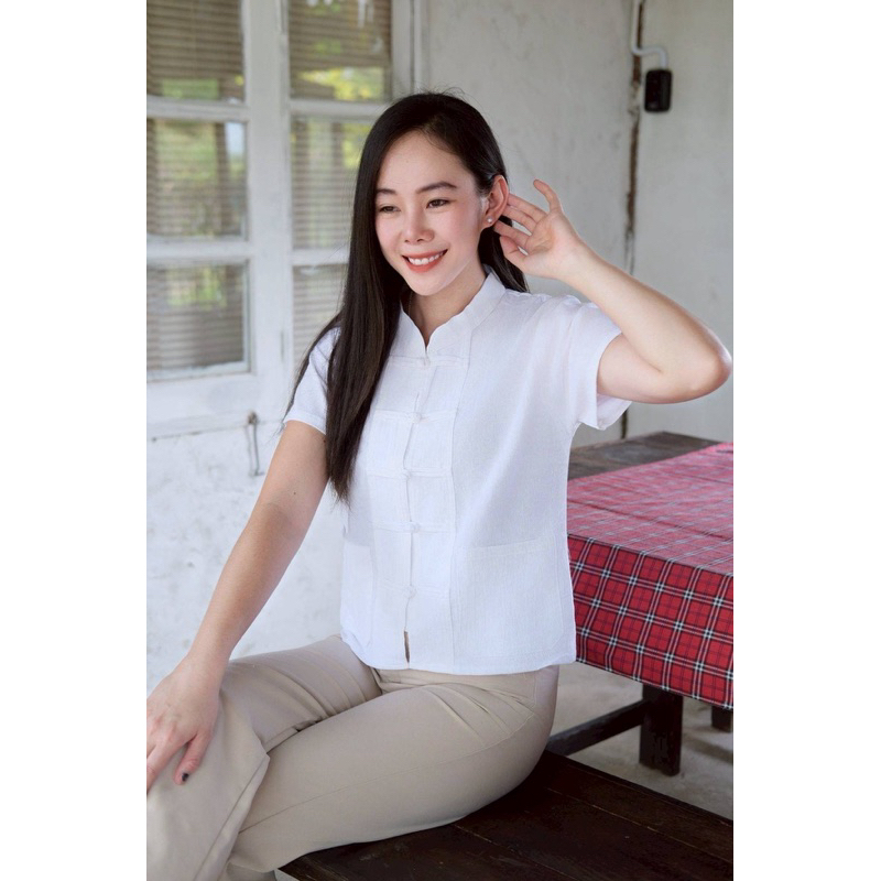 เสื้อคอจีนดระดุมสานขอดเสื้อผ้าฝ้ายฟอกนุ่มแต่งกระเป๋าหน้าซ้ รูปที่ 3