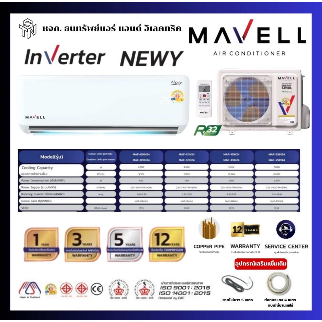 MAVELL แอร์ MAF-25IN24 / MAC-25IN24 ขนาด 26,035 BTU รุ่น Inverter NEWY รับประกันคอยล์เย็น 5 ปี, คอมเ