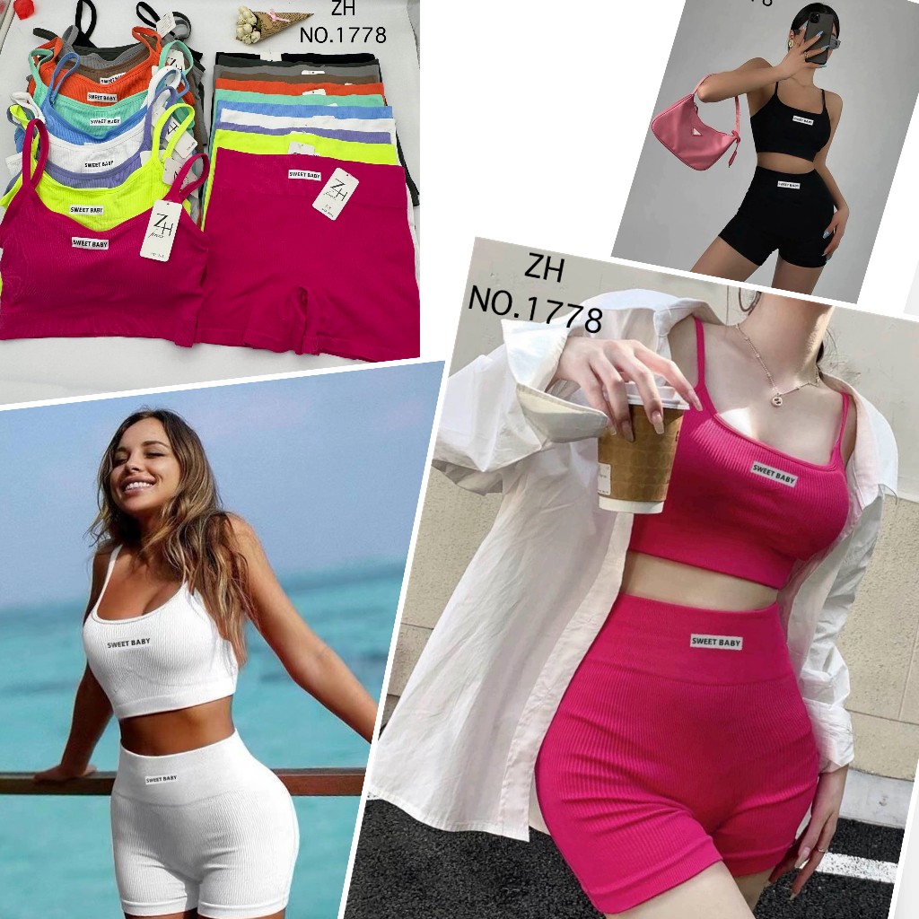 ZH.1778 ชุดเซทสปอร์ตบราsweet babyงานผ้าร่อง13สี บราสปอร์ต+กางเกงขาสั้น ชุดโยคะ ชุดออกกำลังกายผู้หญิง