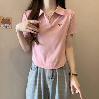 เสื้อโปโลครอปท็อป ผู้หญิง แขนสั้น สีพื้นเรียบ